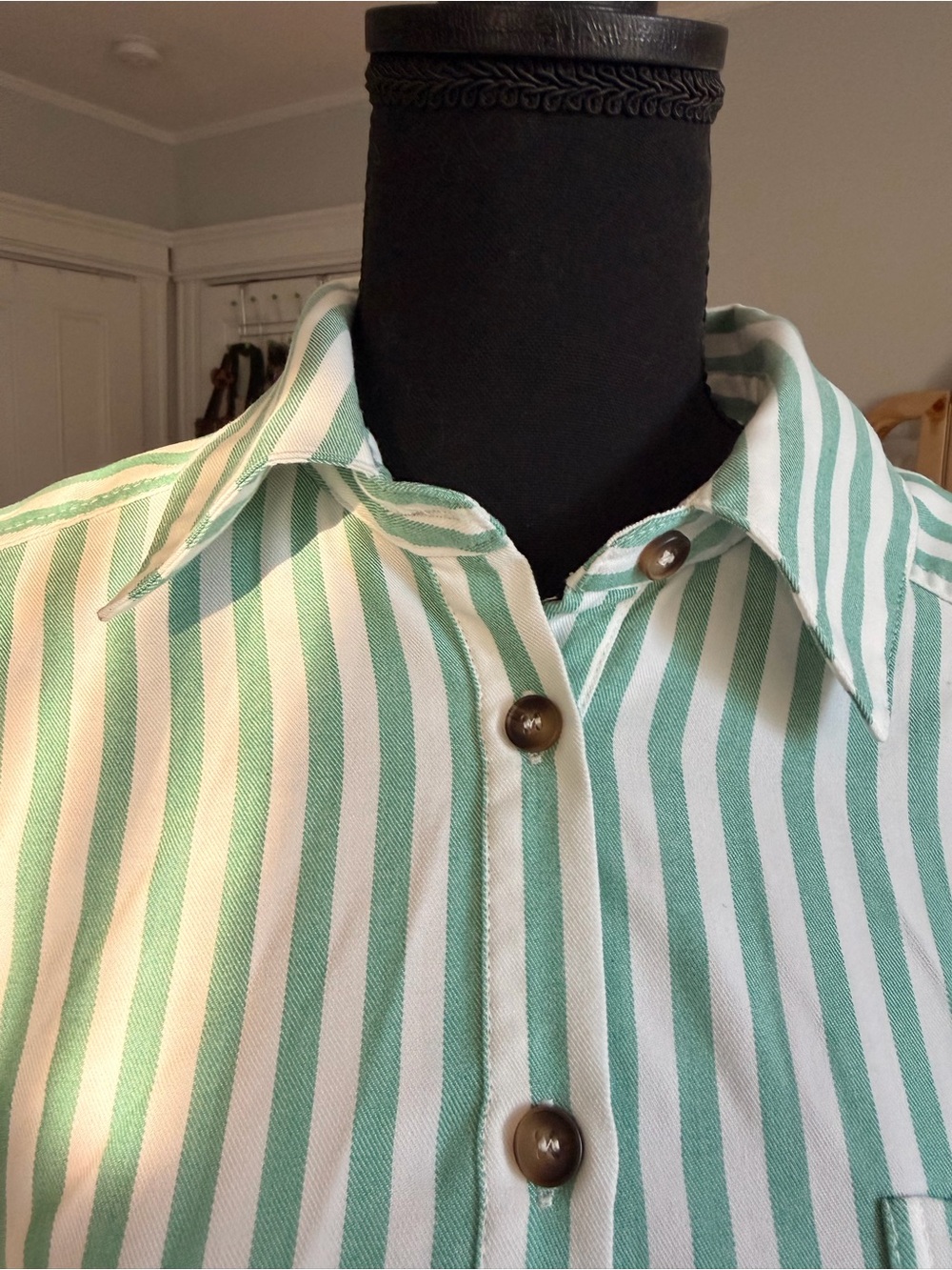 Striped Ruffle Hem Button-Front Top - Mint Green - size M - Picture 6 of 10